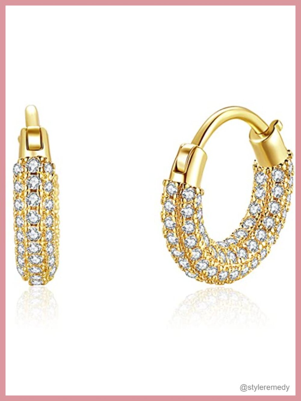 Small Gold Plated Chunky Hinged Hoop Earrings Cubic Zirconia Pavé Huggies
